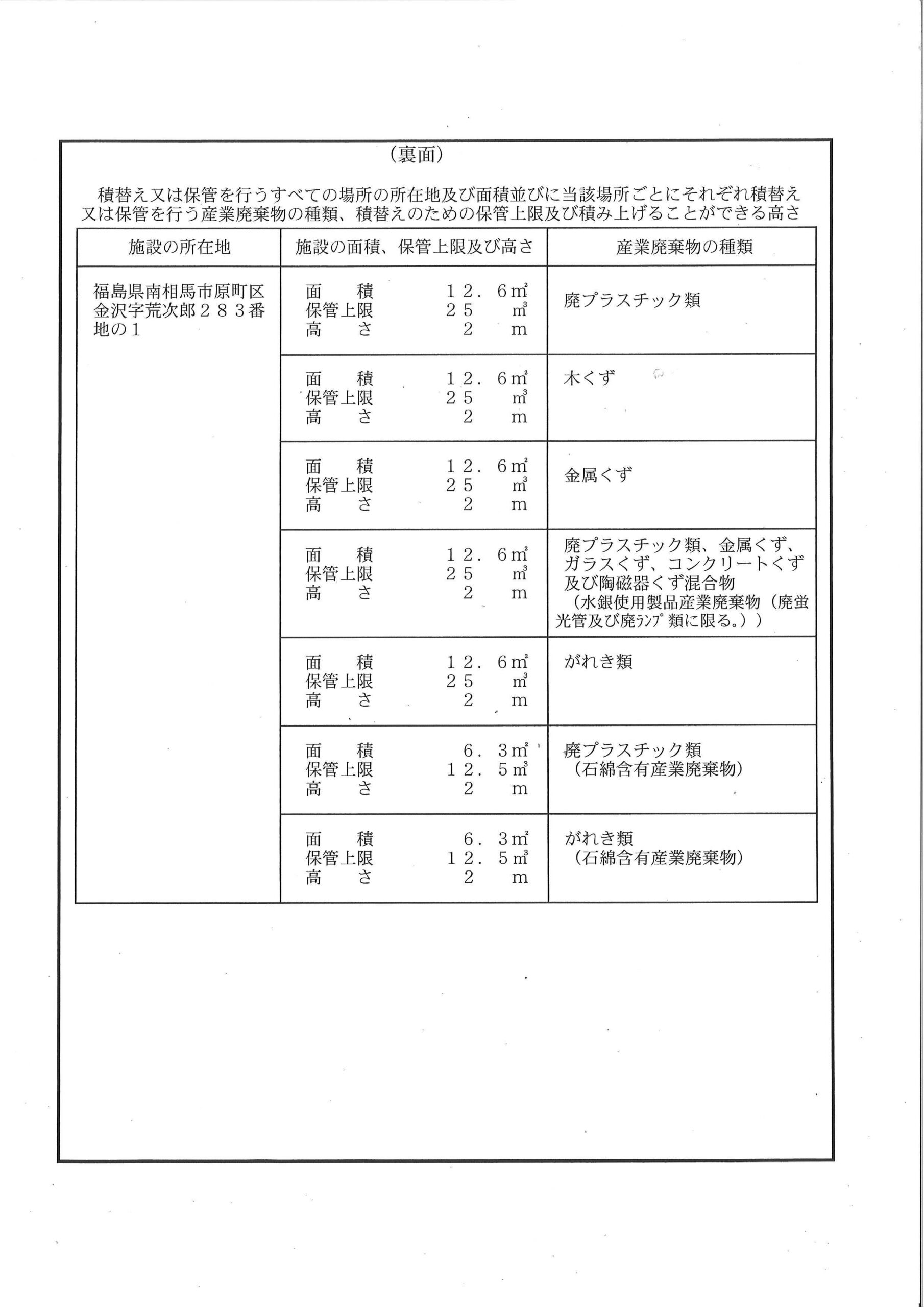 福島県産業廃棄物収集運搬業 裏