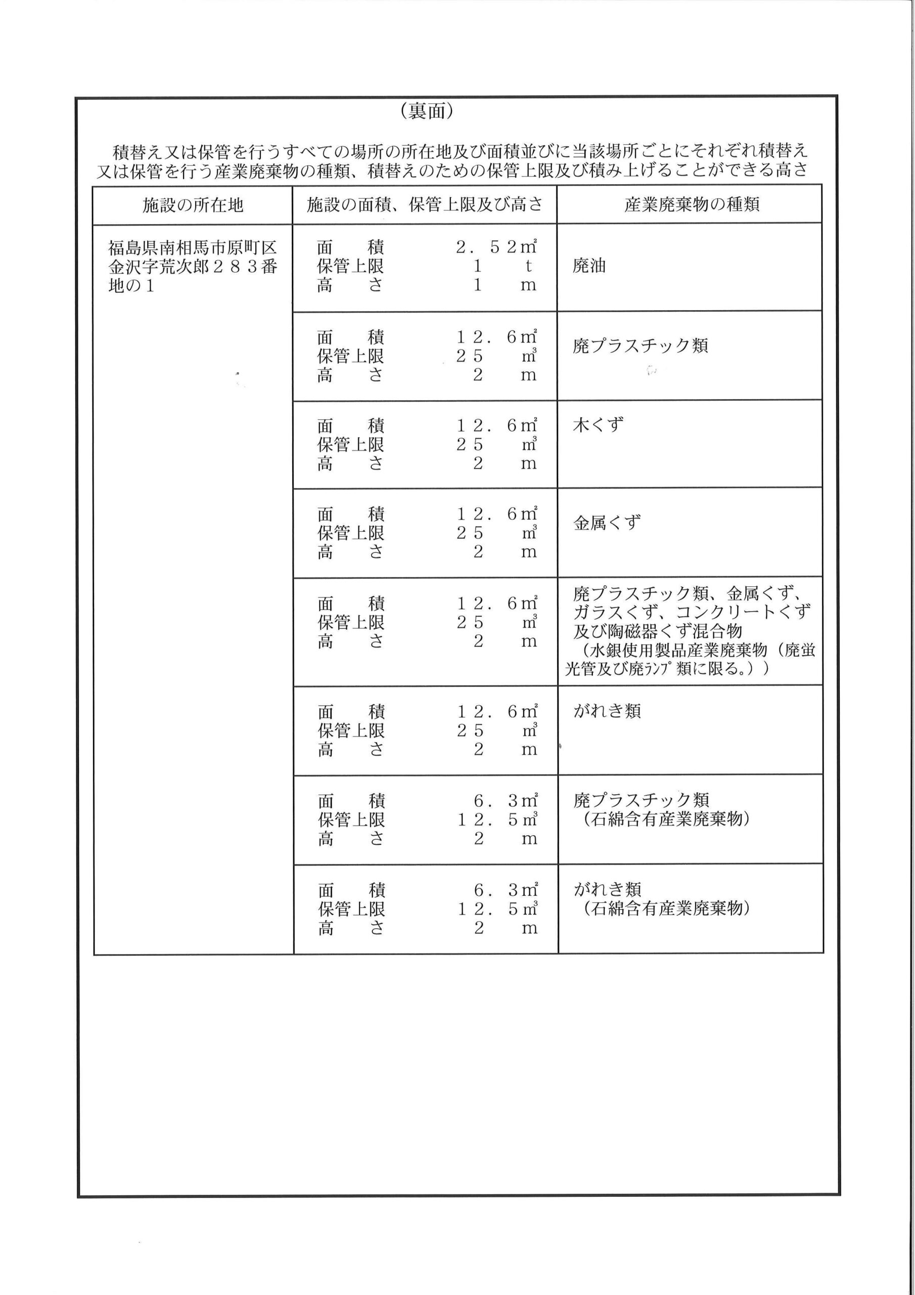 福島県産業廃棄物収集運搬業 裏