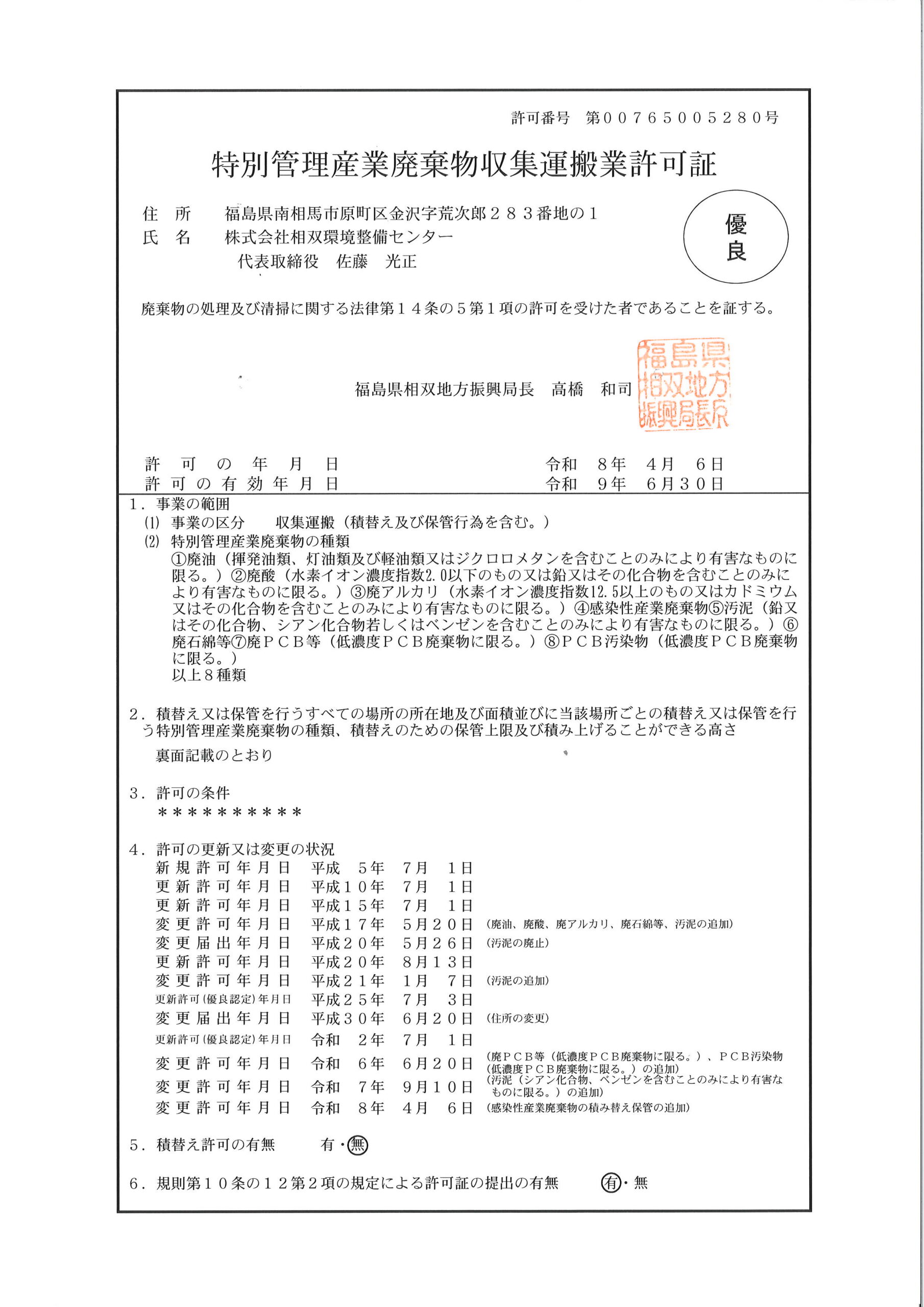 福島県特別管理産業廃棄物収集運搬業 表